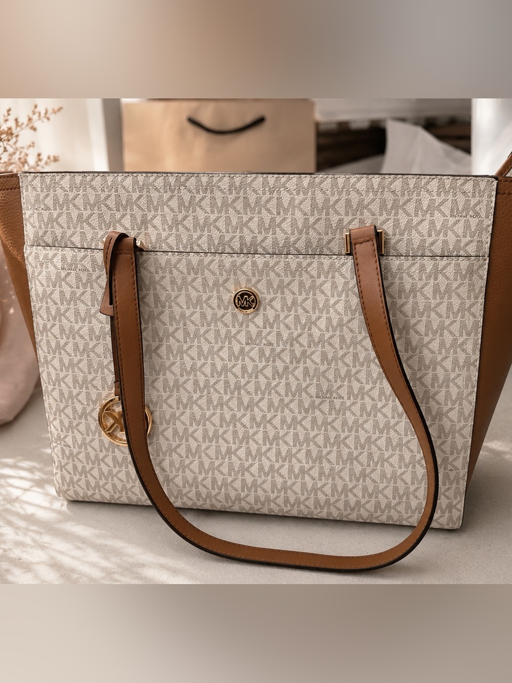 Michael Kors Cream/Light Beige Signature Tote with Brown Straps triple combo